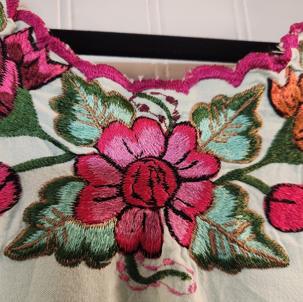 Women's Mint Embroidered Floral Arch Hem Linen Tunic Top Size L Handmade Artsy - Picture 5 of 11